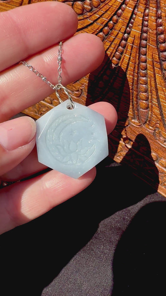 Celestite moon and lotus pendant